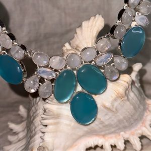 Mermaid Blue Chalcedony + Rainbow Moonstone statement cluster necklace